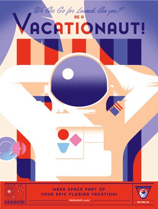 A limited-edition poster from Space Florida's new space tourism campaign, Vacationauts, which encourages people to visit space-related attractions and watch rocket launches while vacationing in Florida.