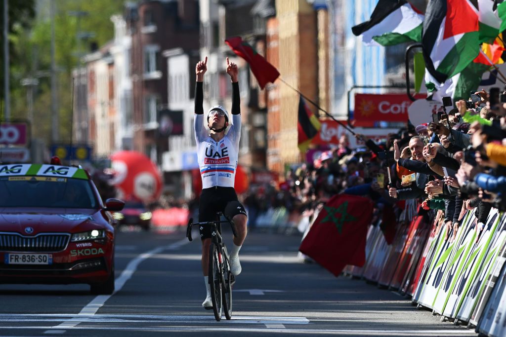 LIEGE BELGIUM APRIL 24 Tadej Pogacar of Slovenia and UAE Team Emirates celebrates at finish line as race winner during the 110th Liege Bastogne Liege 2024 Mens Elite a 2545km one day race from Liege to UCIWT on April 24 2024 in Liege Belgium Photo by Dario BelingheriGetty Images
