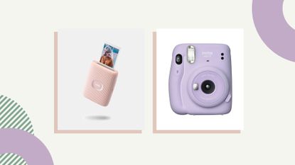 A composite image of two of the best Instax camera Black Friday deals for 2022, on a yellow background lilac pattern details