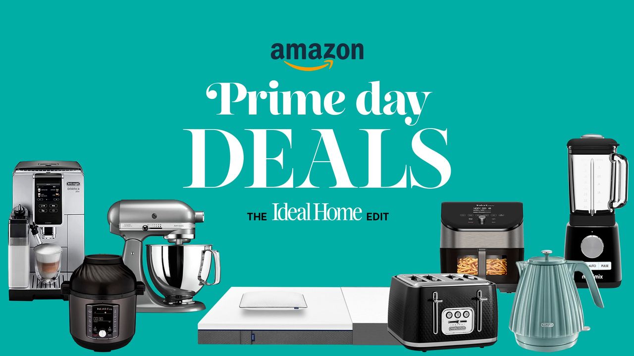 Amazon Prime Day graphic showing multiple home appliances on a gree background