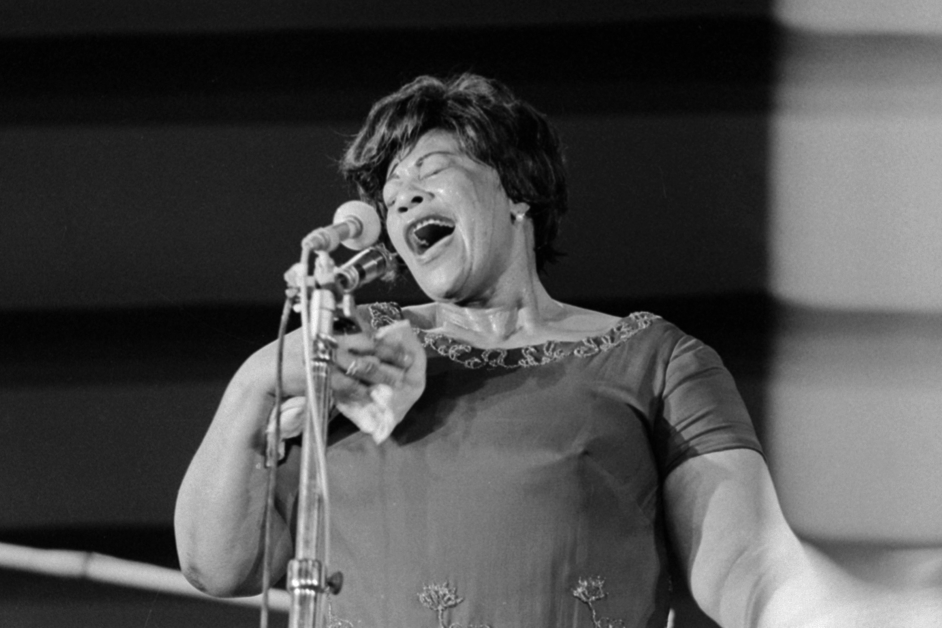 Ella Fitzgerald singing at the 5th international Festival of Jazz of Antibes-Juan-les-Pins in 1964.