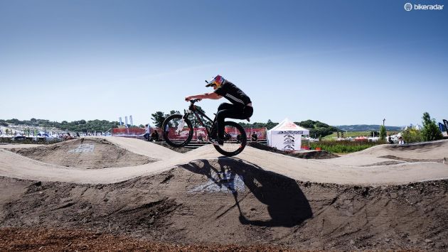 Martin Soderstrom was practicing his smooth moves in preparation for Sea Otter&#039;s annual Pump Track Invitational race. Practice makes perfect, as he rode away with the win