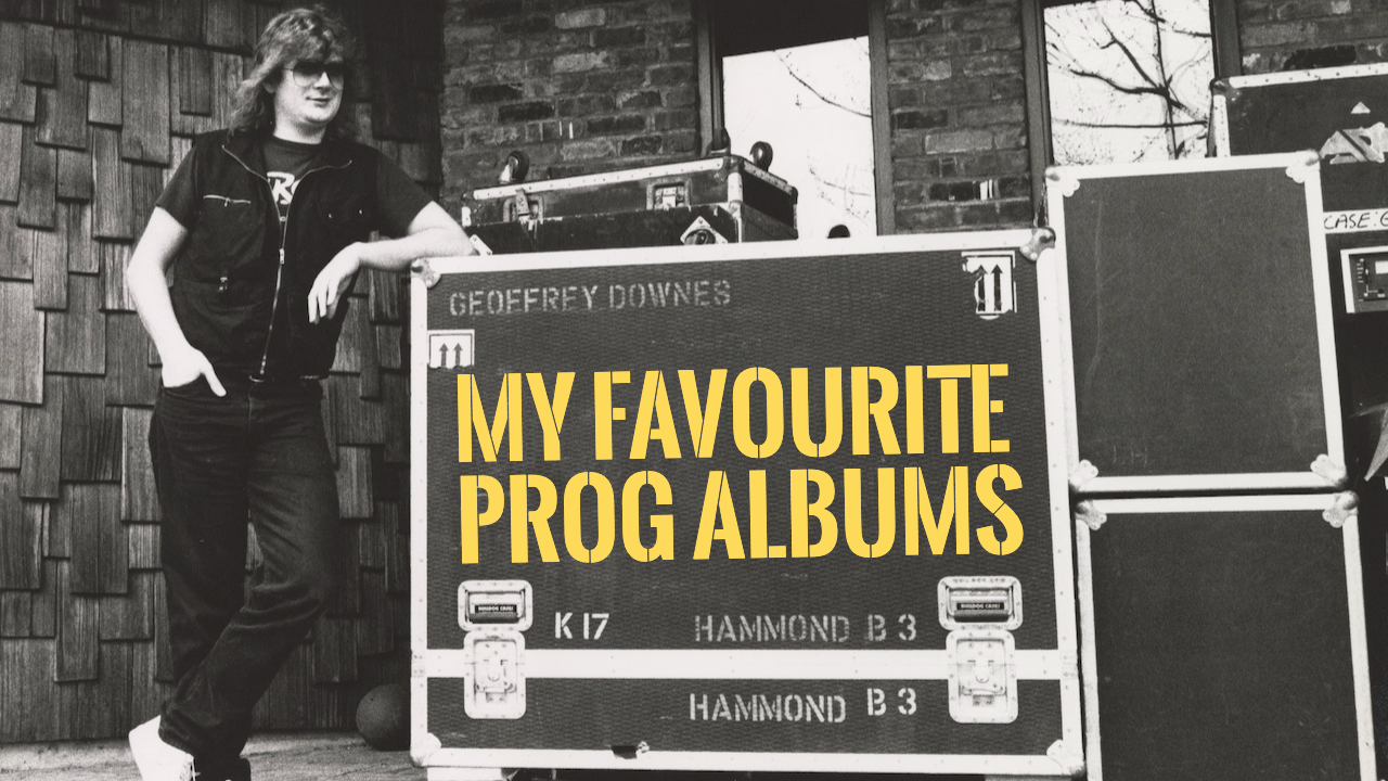 Geoff Downes resting on a flight case with the word &quot;My Favourite Prog albums&quot; on it