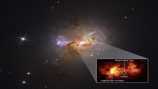 High-resolution analysis revealed the 500 light-year-long outflow spewing from the black hole into an active stellar nursery.