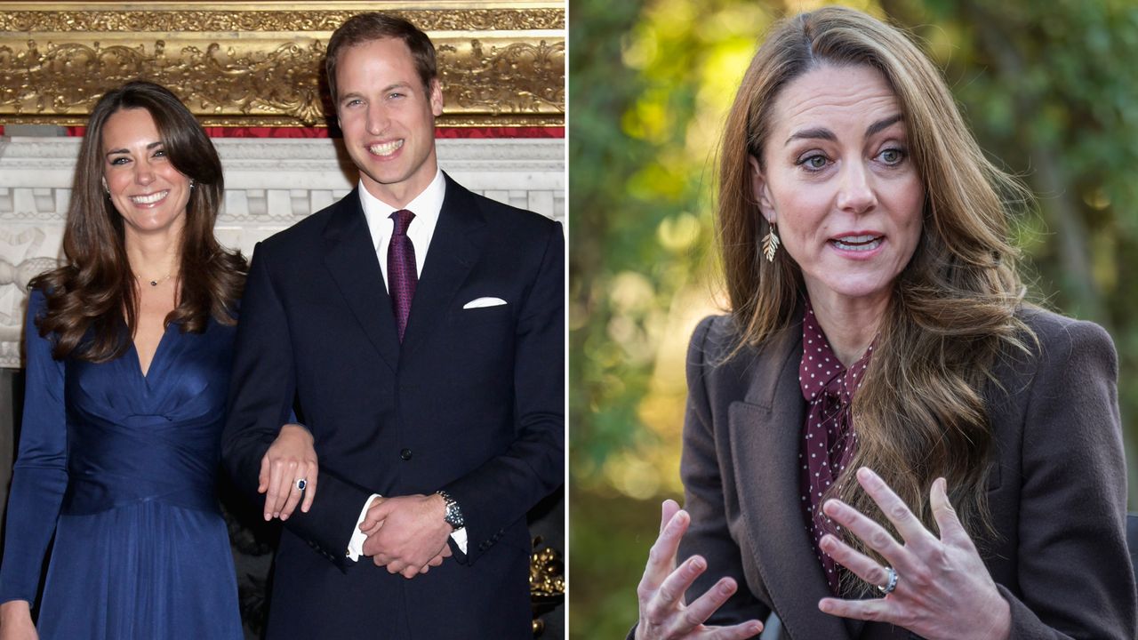 Kate Middleton wears a blue dress to match her sapphire engagement ring while posing next to Prince William who is wearing a suit, Kate Middleton wears a red polka dot shirt with a green blazer while showing her eternity ring