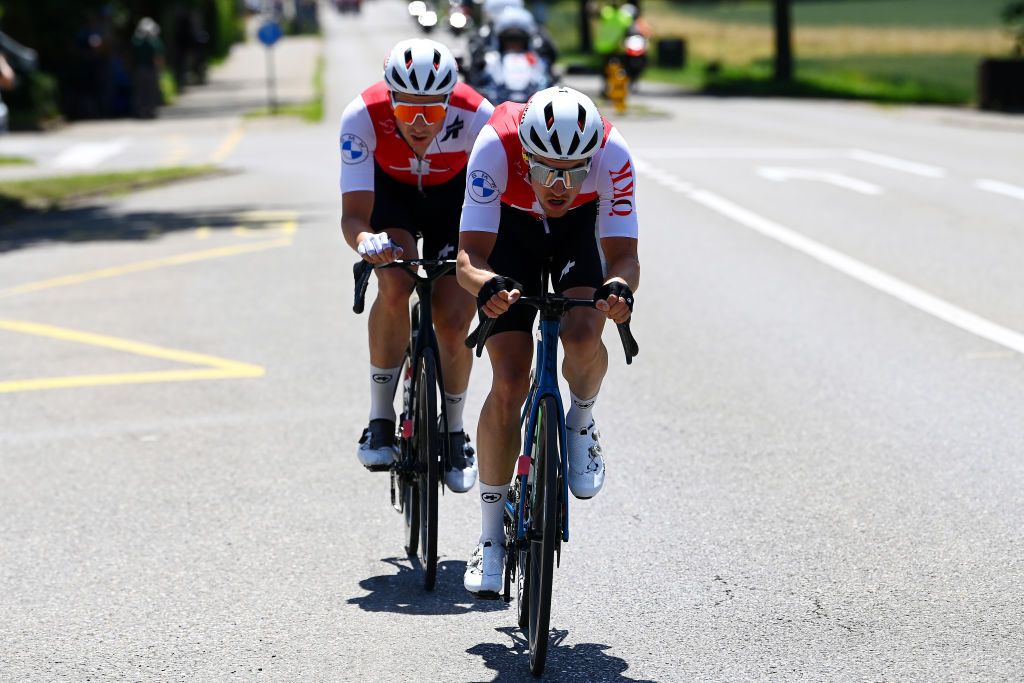 AESCH SWITZERLAND JUNE 13 LR Claudio Imhof of Switzerland and Team Switzerland and Simon Vitzthum of Switzerland and Team Switzerland compete in the chase group during the 85th Tour de Suisse 2022 Stage 2 a 198km stage from Kusnacht to Aesch ourdesuisse2022 WorldTour on June 13 2022 in Aesch Switzerland Photo by Tim de WaeleGetty Images