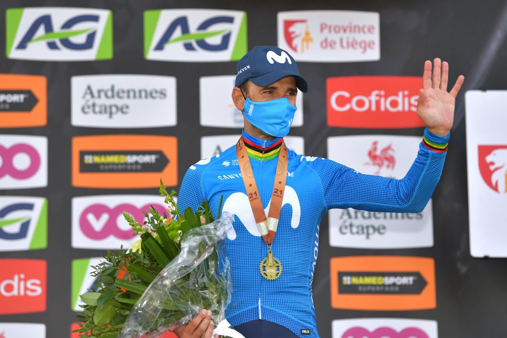 MUR DE HUY BELGIUM APRIL 21 Podium Alejandro Valverde Belmonte of Spain and Movistar Team celebrates his 3rd classification during the 85th La Fleche Wallonne 2021 Men Elite a 1936km race from Charleroi to Mur de Huy 204m Mask Covid safety measures Bronze medal FlecheWallonne on April 21 2021 in Mur de Huy Belgium Photo by Luc ClaessenGetty Images