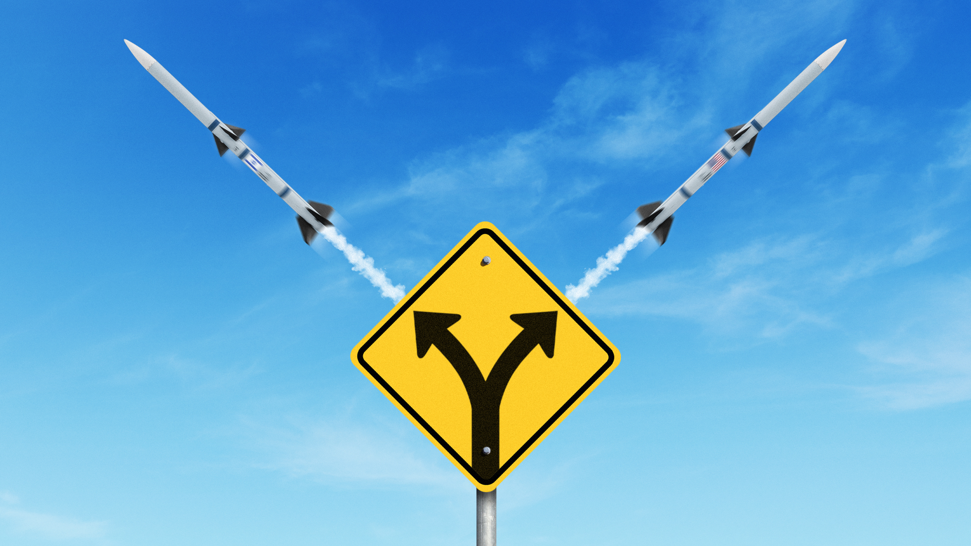 Illustration of a split road warning sign with Israeli and American missiles emerging from behind