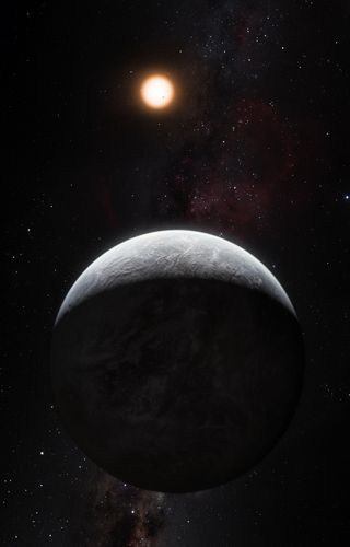 This artist’s impression shows the planet HD 85512b orbiting the Sun-like star HD 85512 about 35 light-years from Earth. This planet is about 3.6 times as massive as the Earth is at the edge of the habitable zone around the star, where liquid water, and perhaps even life, could potentially exist.