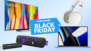 LG C2 OLED TV, Roku 4K Streaming Stick, Sennheiser headphones and MacBook Pro 14 inch with deal tag 
