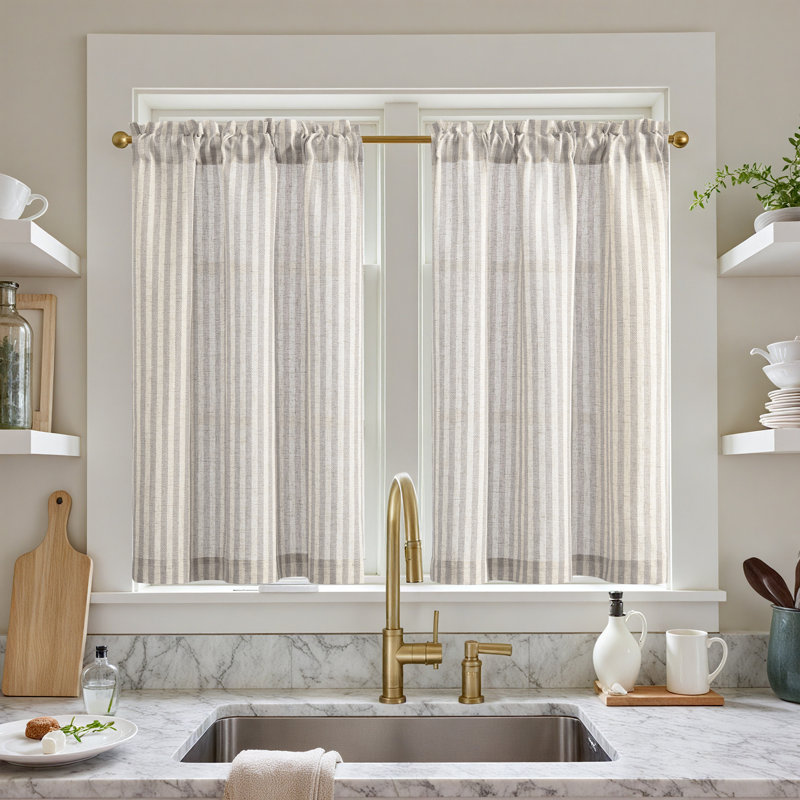 Gracie Oaks Linen Rod Pocket Light Filtering Striped Kitchen Cafe Curtains Curtains(set of 2) &amp;amp; Reviews | Wayfair