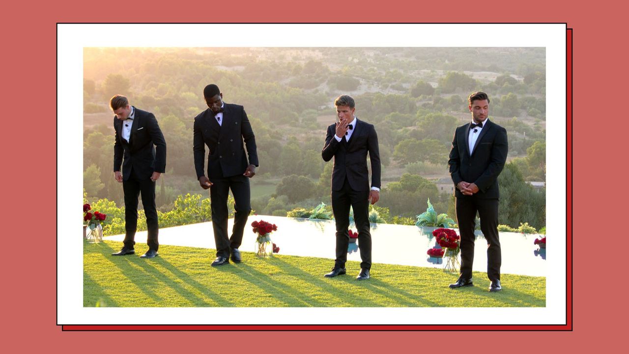 the four Love Island final 2022 boys standing in a row in front of the villa pool wearing tuxedos