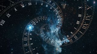 An illustration of a clock spiraling into space-time.