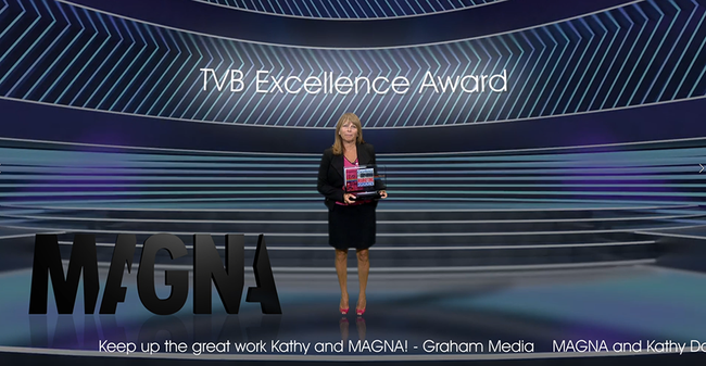 Kathy Doyle, EVP and managing director, local investment at Magna Global, accepts honors as Media Agency of the Year at the virtual TVB Forward conference.