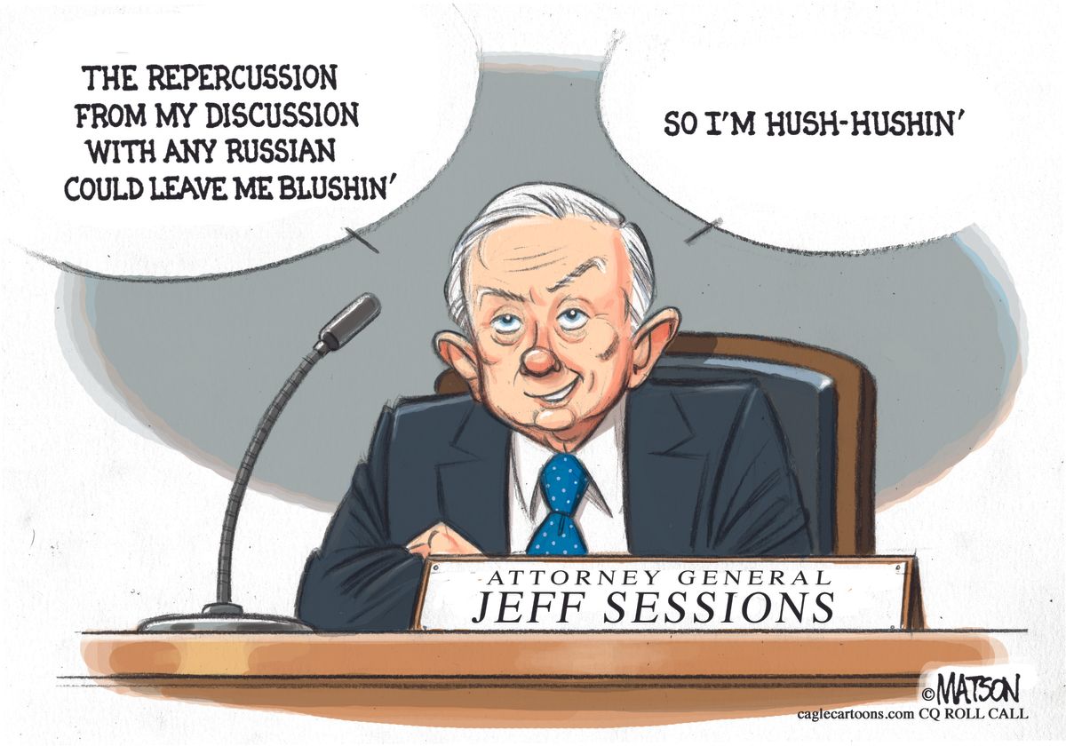 Political cartoon U.S. Jeff Sessions hearing Russia | The Week