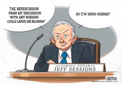 Political cartoon U.S. Jeff Sessions hearing Russia