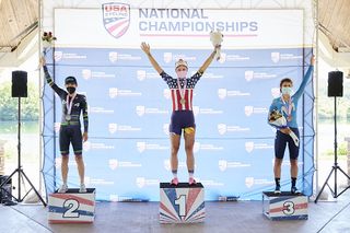 USA Cycling Pro Road Championships time trial podium, with Chloe Dygert on the top step, Amber Neben second and Leah Thomas third