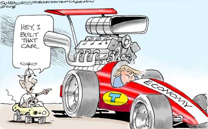 Political cartoon U.S. Trump Obama economy credit