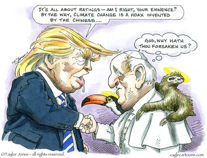 Political cartoon U.S. Trump abroad climate change ratings hoax Pope