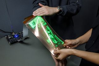 LG Display's new stretchable screen during a demo.
