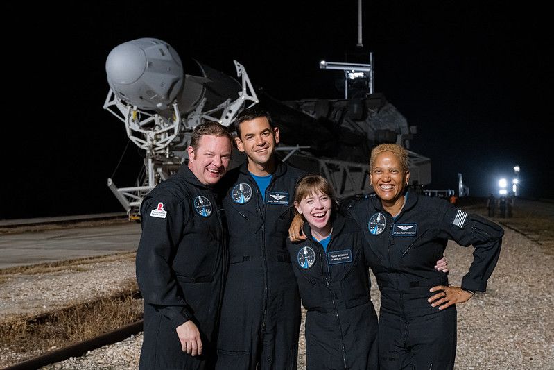 The Inspiration4 crewmembers — Chris Sembroski, Jared Isaacman, Hayley Arceneaux and Sian Proctor — seen at the rollout of the Falcon 9 rocket and Crew Dragon capsule that will carry them to orbit.