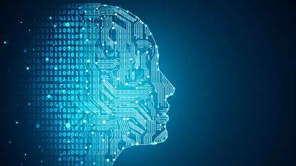 A blue 2D head in profile made up of binary and circuit boards
