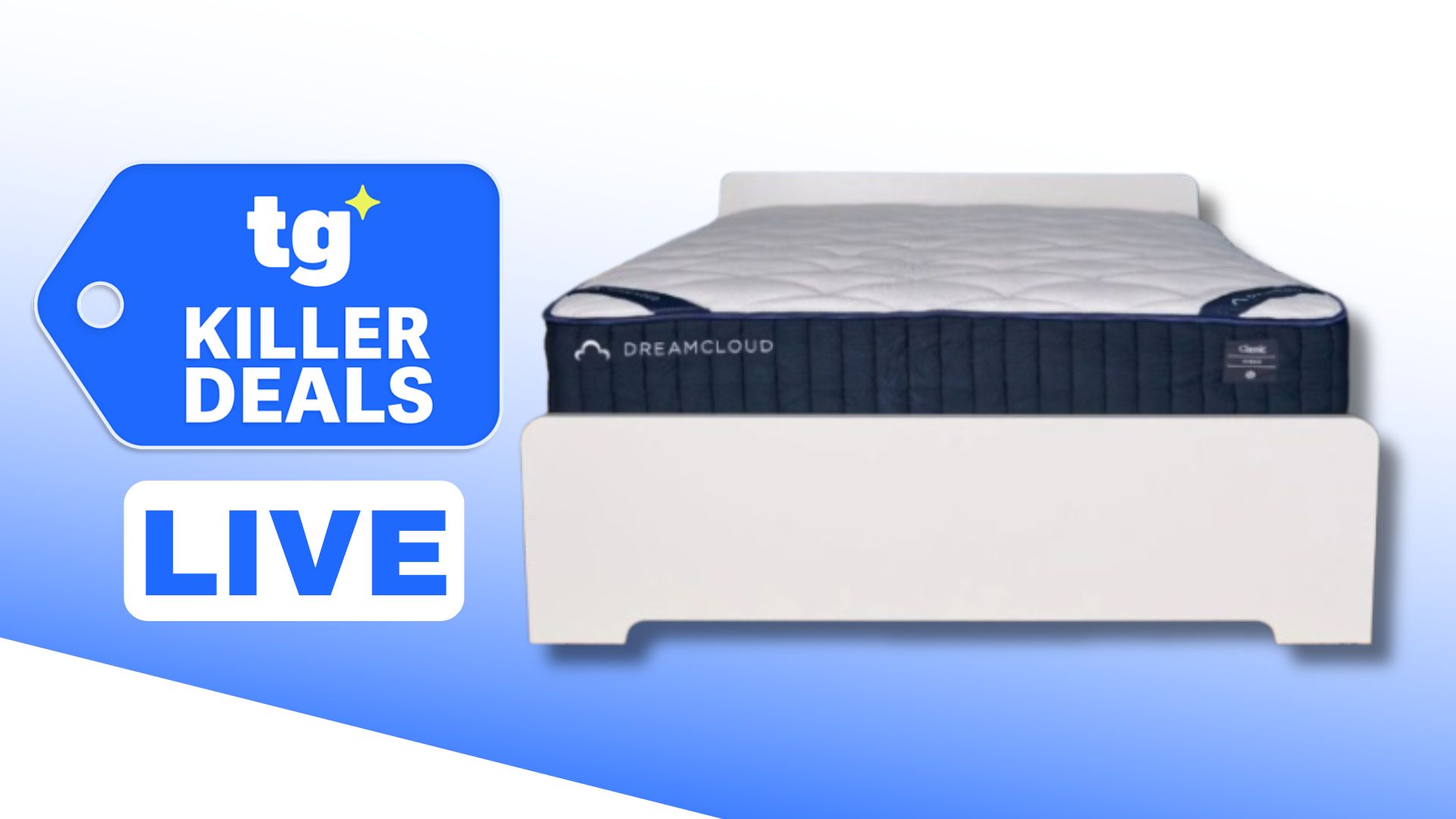 A cut-out of the Saatva Classic Mattress on a gradient background. To the mattress's left, there is a DEALS badge and a LIVE badge to signify that we're tracking the Memorial Day sale live.