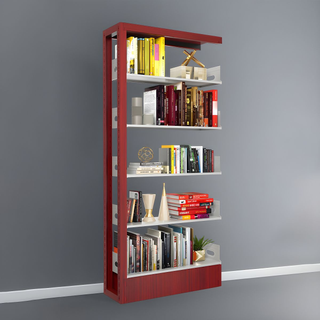 red bookshelf with open siding