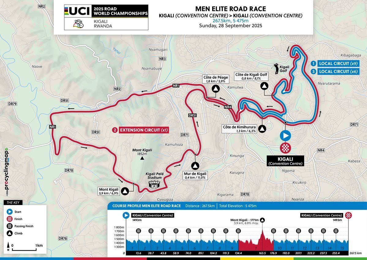 Map of men&#039;s road race circuit in Kigali