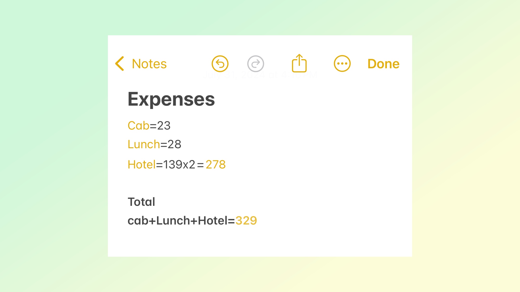 Totaling up expenses using Math Notes in iOS 18 Notes