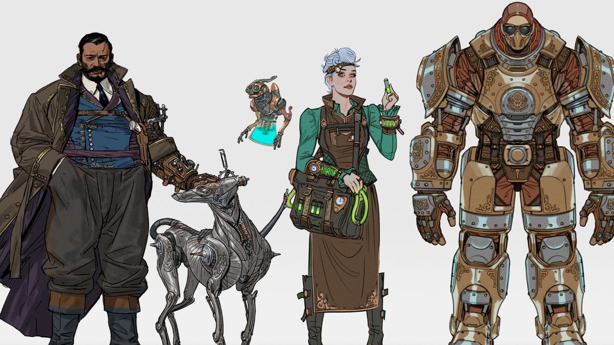 A man in a trenchcoat with a robot dog, a woman with a potions bag beside a floating construct, and a man in mechanised armor against a plain background