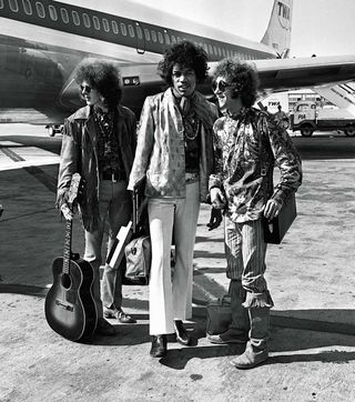 The Jimi Hendrix Experience on the tarmac at London's Heathrow Airport