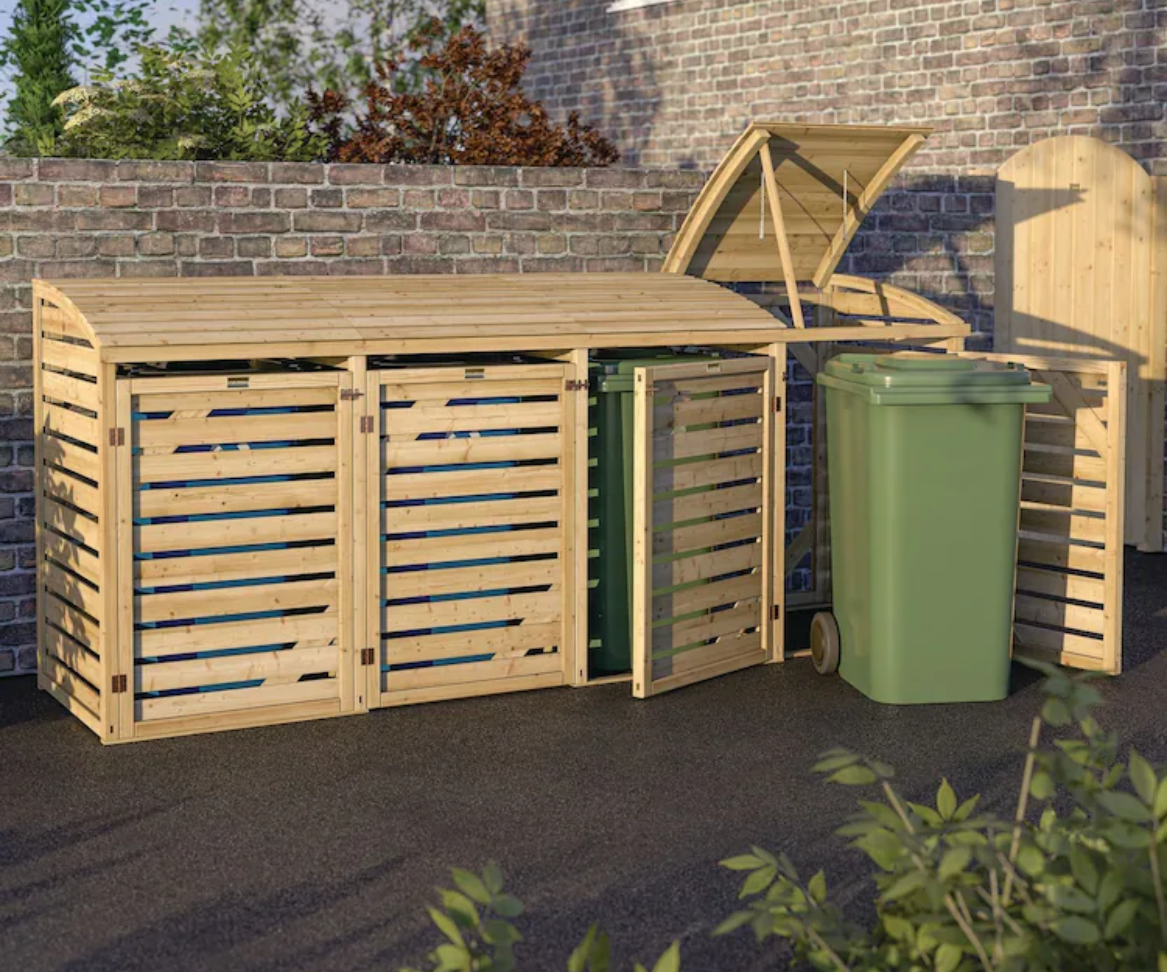wooden bin store with green wheelie bin out the front