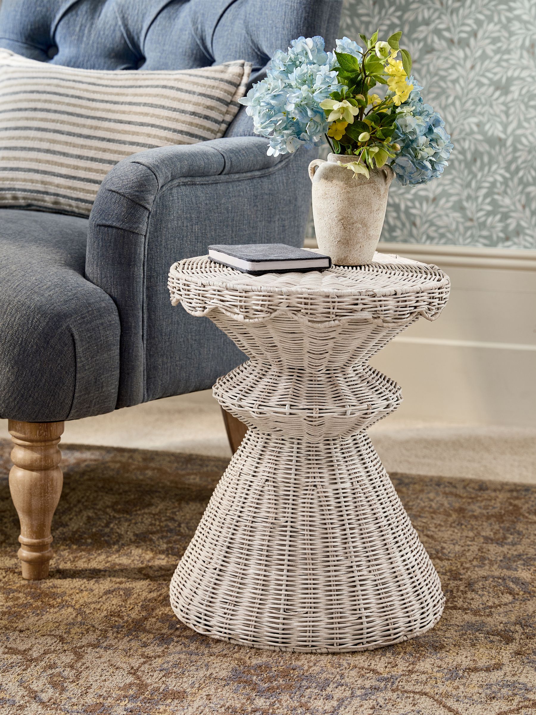 White Rattan Scallop Side Table