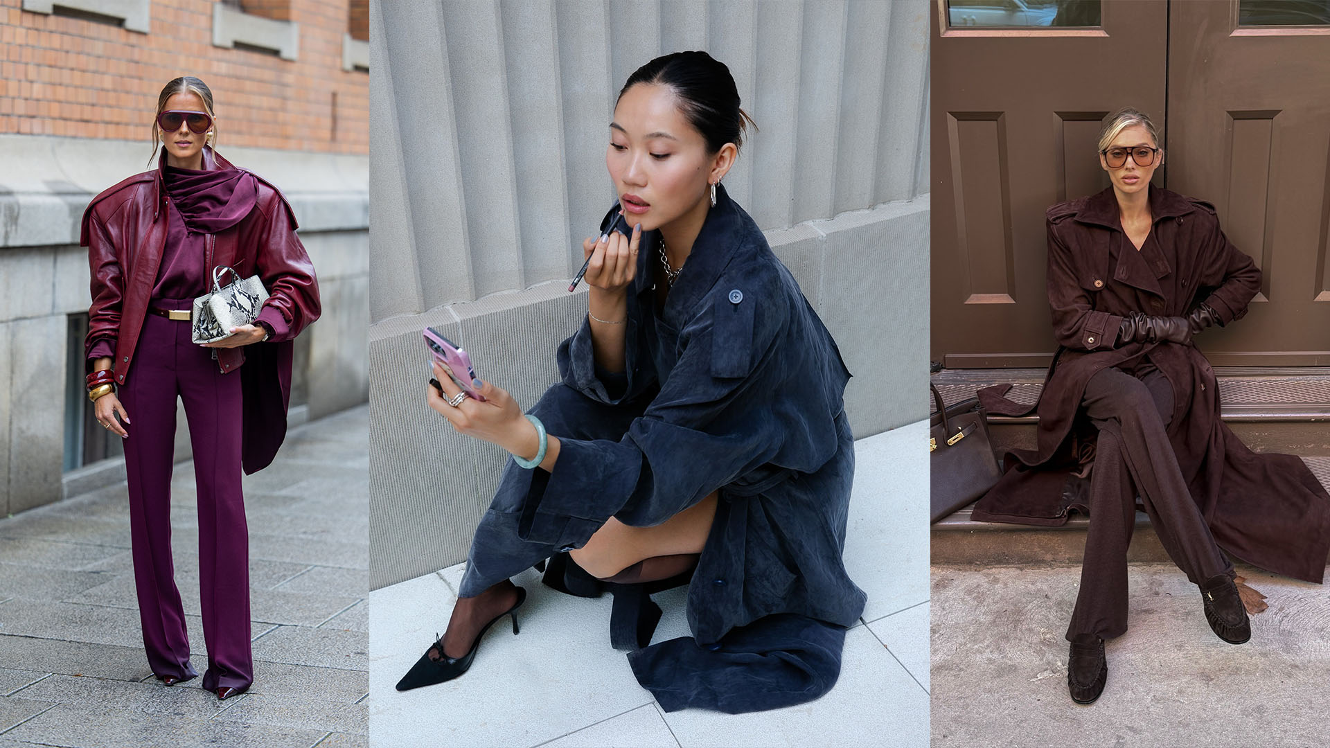 Women in rich-looking colored outfits