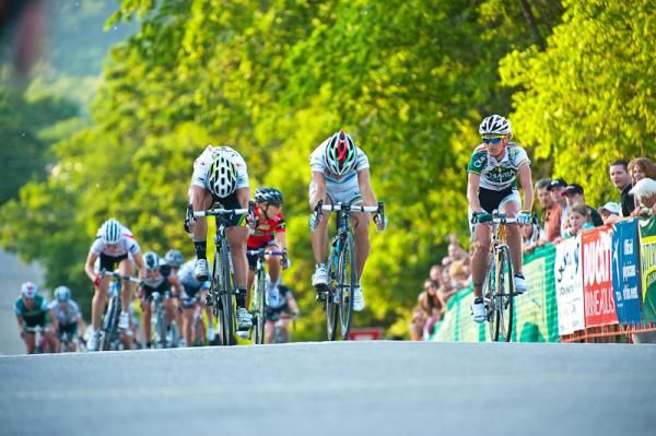 In a near photo finish, world champion Giorgia Bronzini (center) with team Colavita/Forno d'Asolo wins stage 3 of the Nature Valley Grand Prix. Chloe Hosking (left) of HTC-Highroad, placed second and Bronzini's teammate, Theresa Cliff-Ryan, was third.