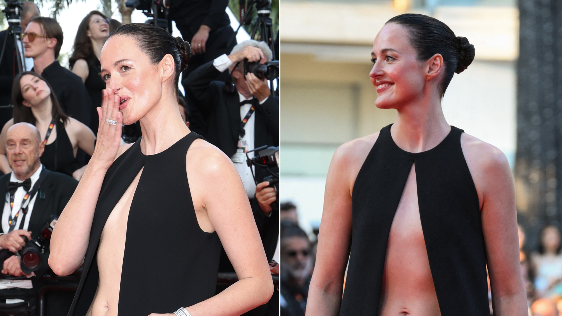 Renate Reinsve wearing a custom black Louis Vuitton cloak dress with sliver sequin pants and silver pumps