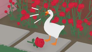 A goose honking in a field of roses in Untitled Goose Game