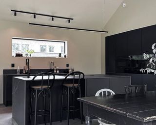 Kitchen with black marble countertops