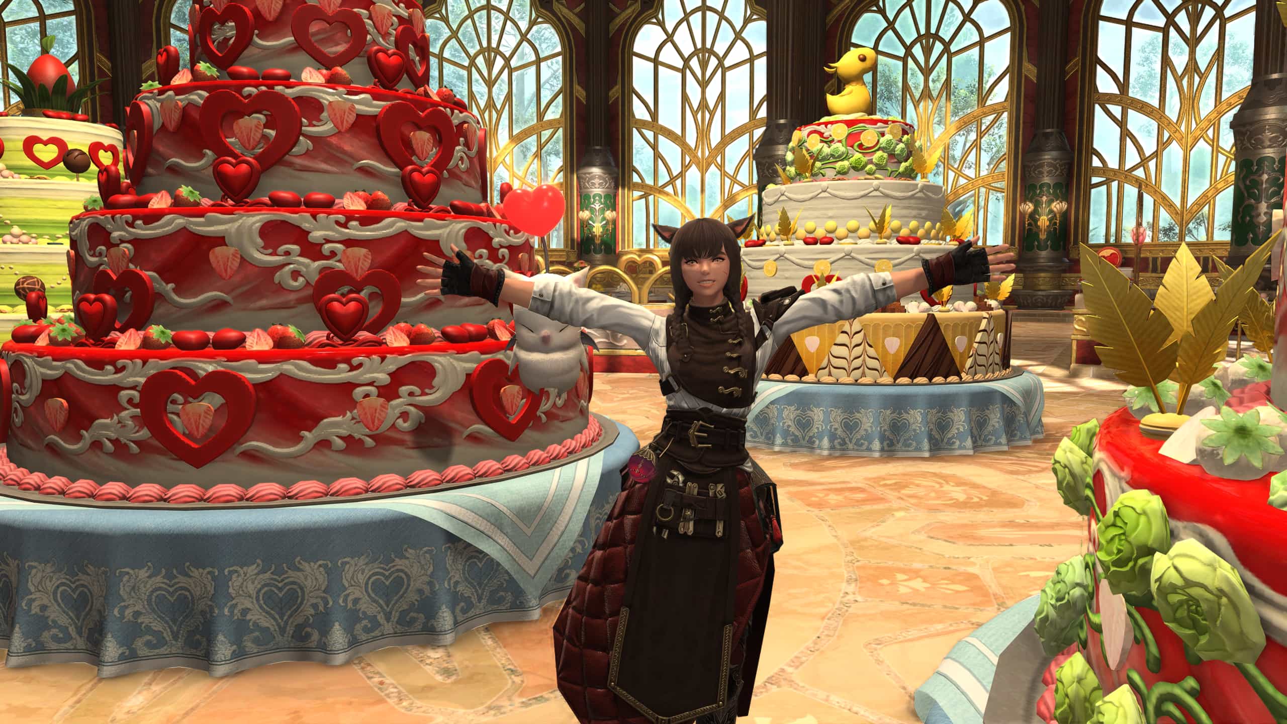 Final Fantasy 14 - A miqote doing the cheer emote in the valentine's day event instance