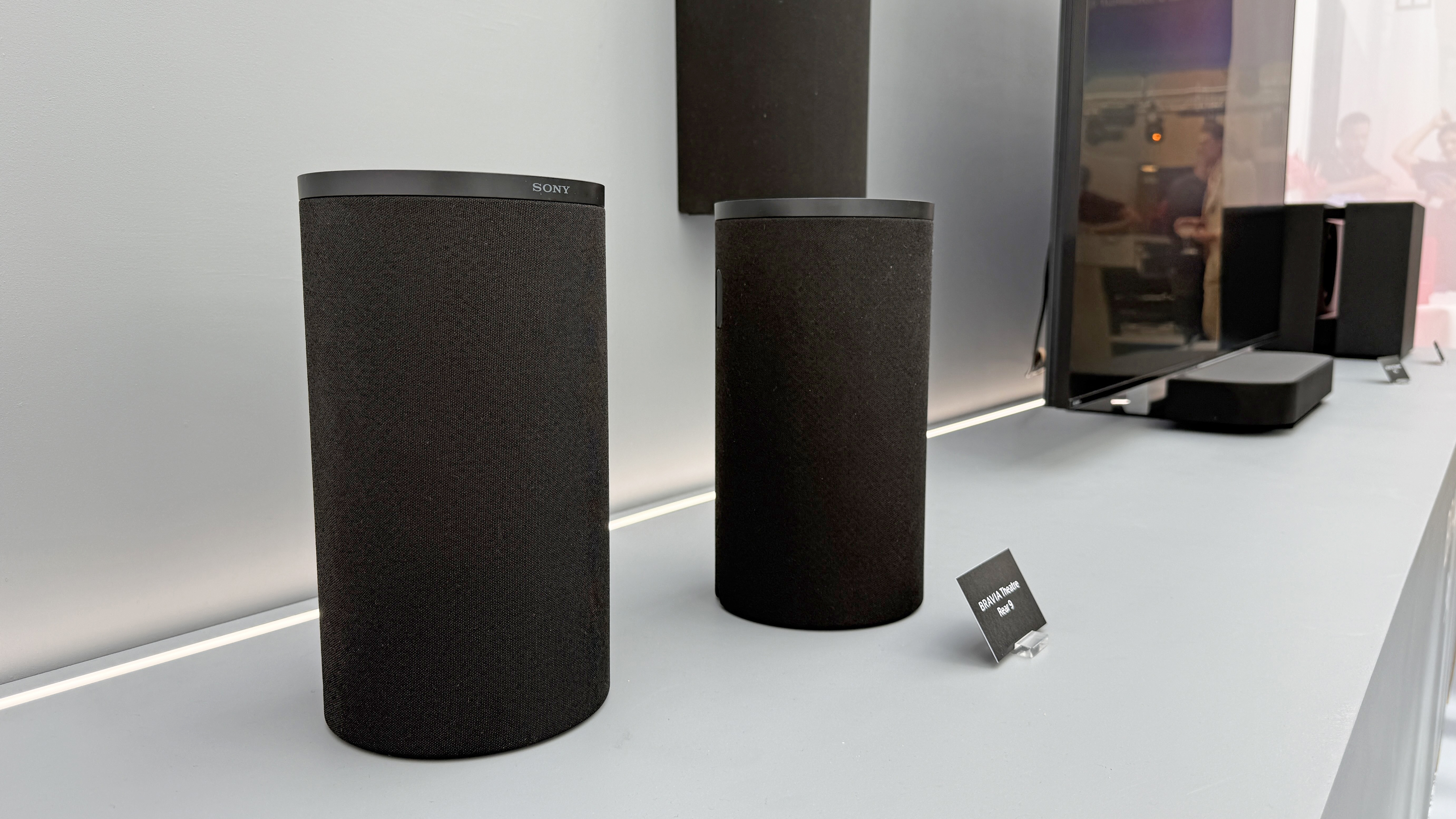The Sony Bravia Theatre Rear 9 speakers, showing their round design