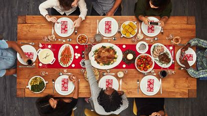 A view from above of a festive Christmas dinner table.