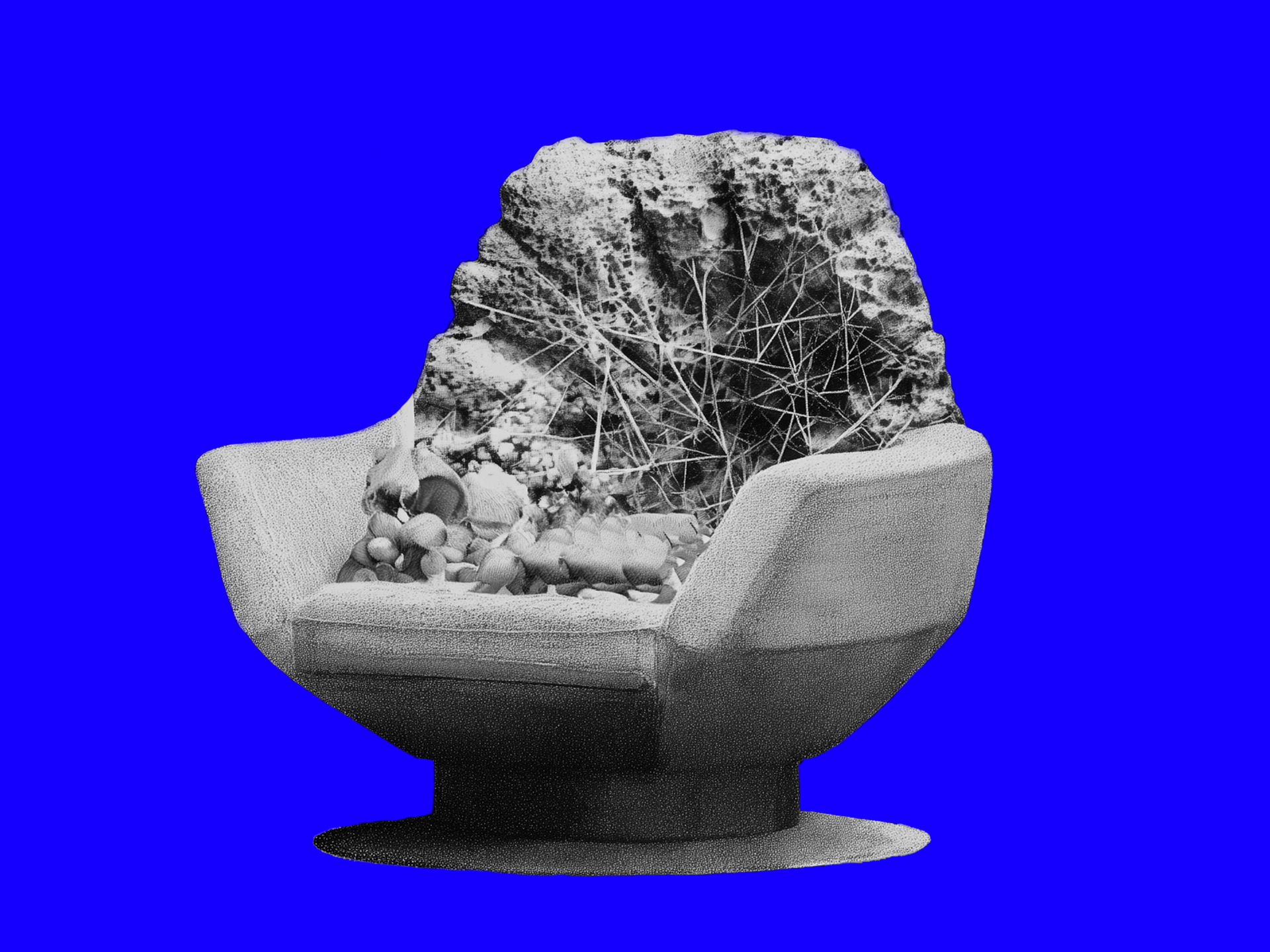 A chair cast from mycelium and textile is photographed in black and white and photoshopped against an electric blue background.