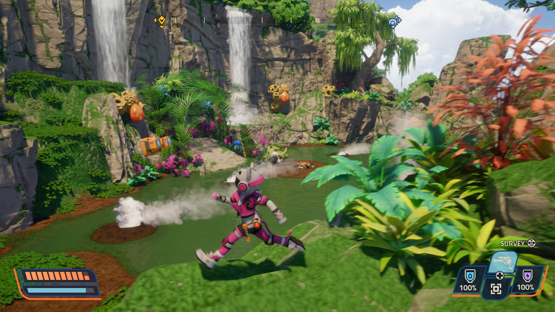 Running through a lush green forest in Revenge of the Savage Planet with creatures nearby