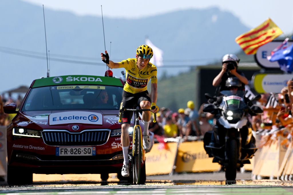 HAUTACAM FRANCE JULY 21 Jonas Vingegaard Rasmussen of Denmark and Team Jumbo Visma Yellow Leader Jersey celebrates at finish line as stage winner during the 109th Tour de France 2022 Stage 18 a 1432km stage from Lourdes to Hautacam 1520m TDF2022 WorldTour on July 21 2022 in Hautacam France Photo by Dario BelingheriGetty Images