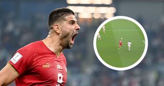 Aleksandar Mitrovic of Serbia shouts out loud during the FIFA World Cup Qatar 2022 Group G match between Serbia and Switzerland at Stadium 974 on December 2, 2022 in Doha, Qatar.