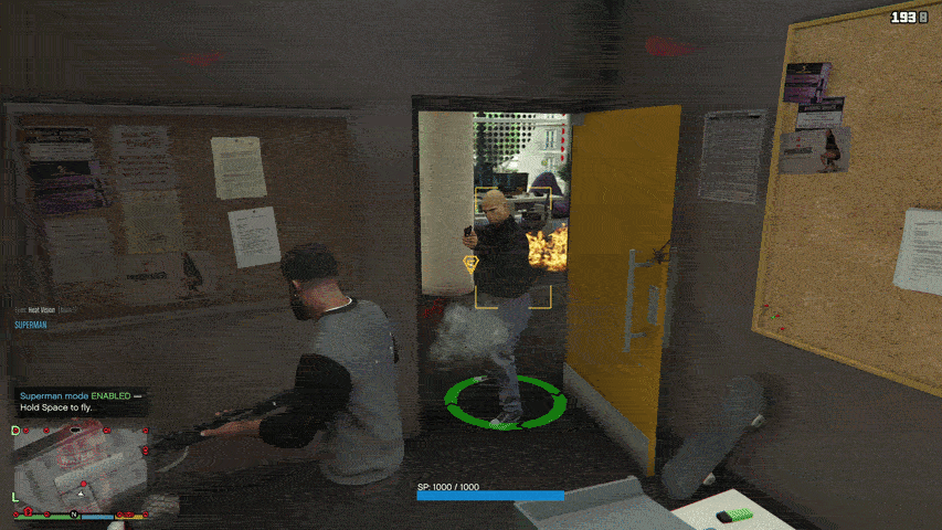 Chaos in the LifeInvader offices, with cars crashing around and people firing guns.