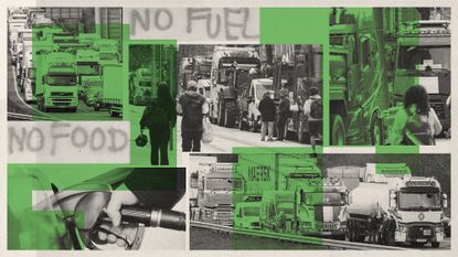 Photo composite illustration of protestors, motorway traffic and a fuel pump