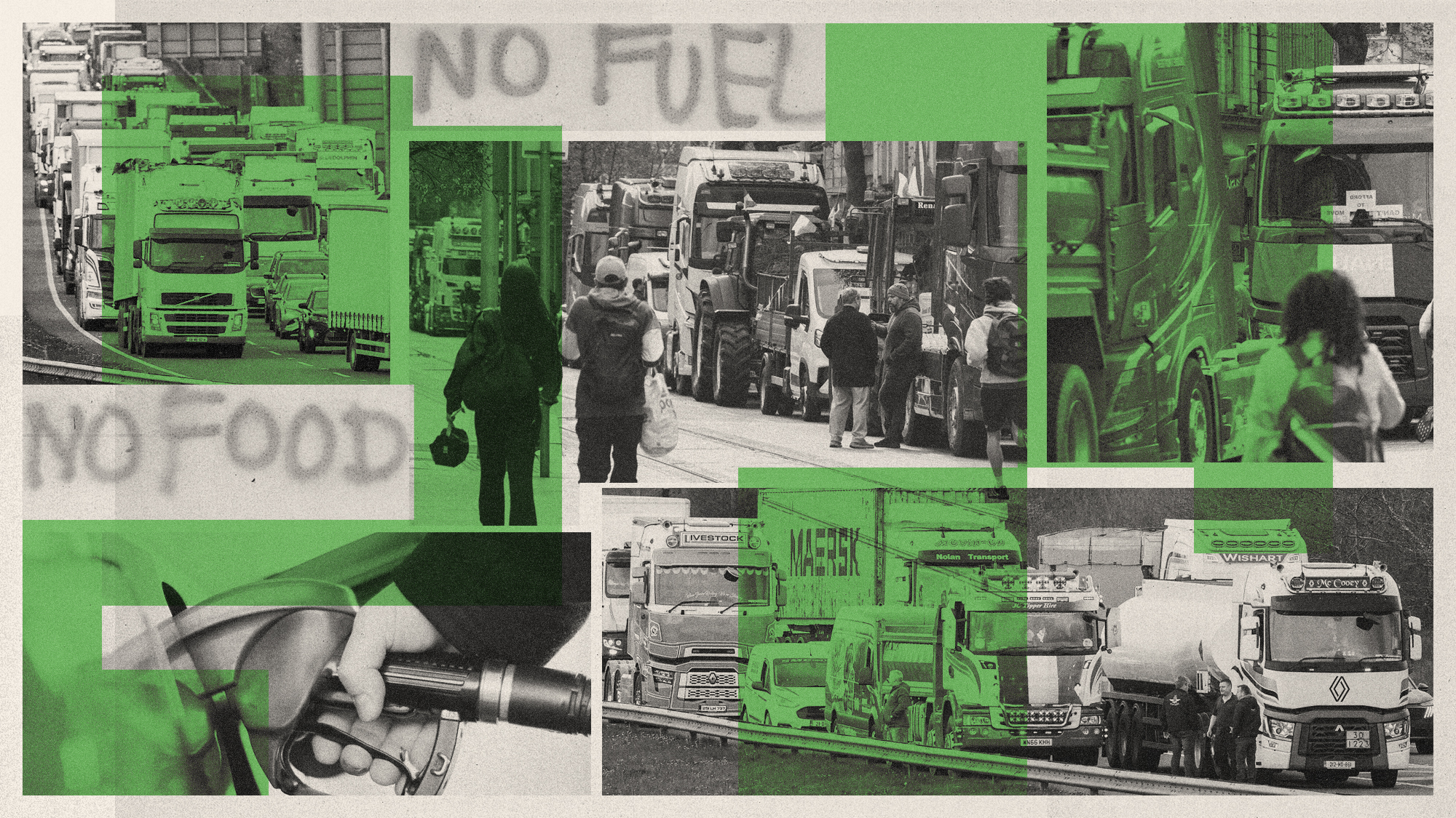Photo composite illustration of protestors, motorway traffic and a fuel pump