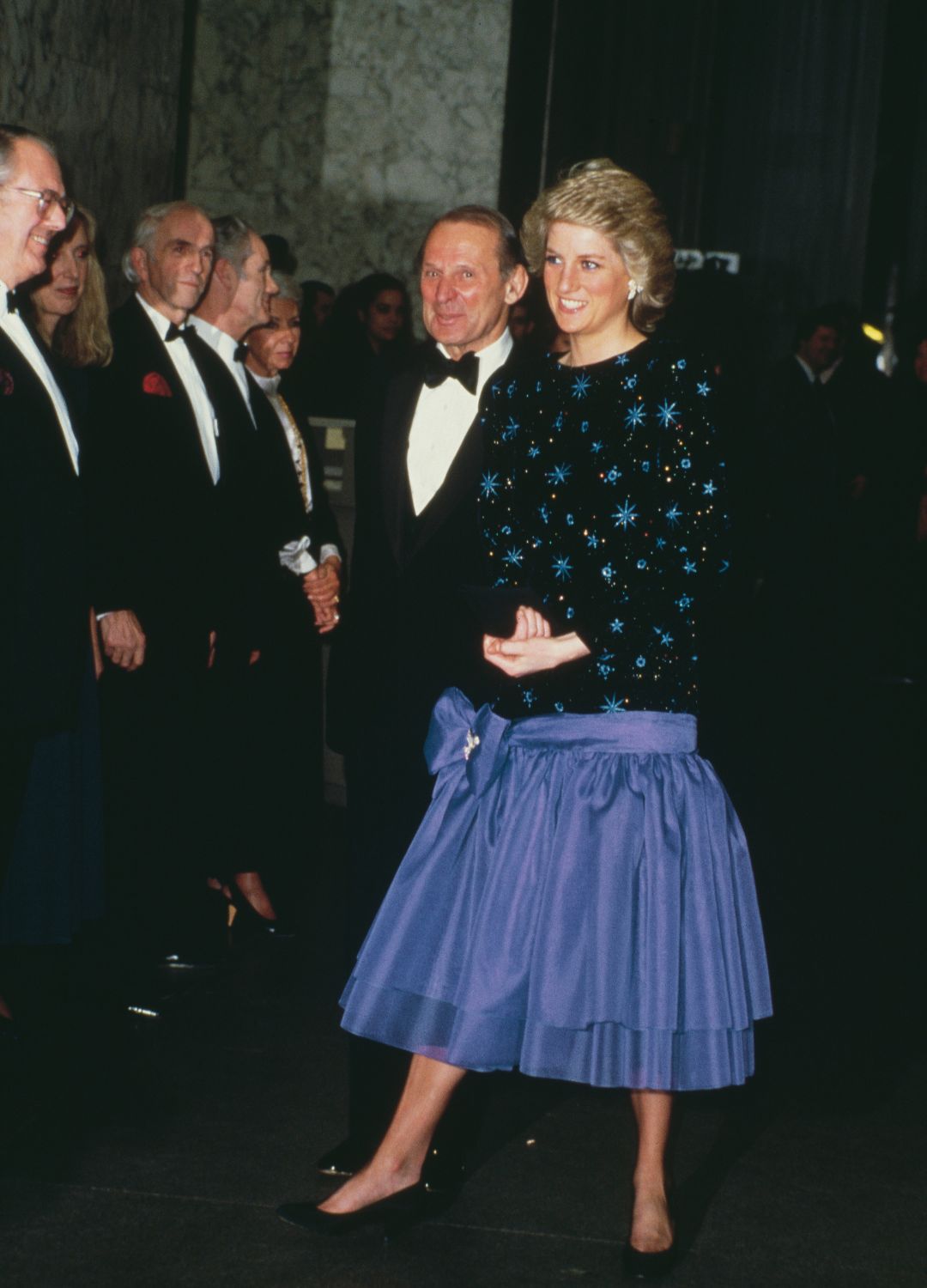Princess Diana in her blue and black Jacques Azagury gown